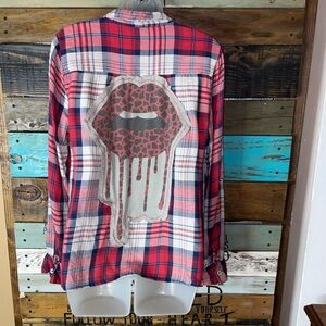 Upcycled Miami Plaid Shirt with Leopard Lips Small